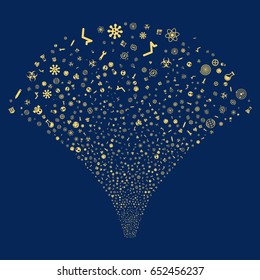 Science Symbols salute stream. Vector illustration style is flat yellow iconic symbols on a blue background. Object source fountain organized from random pictograms.