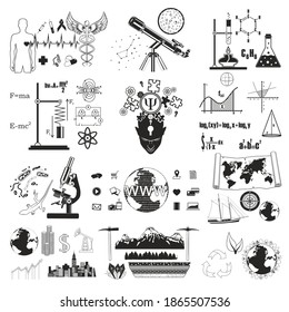 Science symbols set vector illustration. Medicine, astronomy, chemistry, physics, geography, maths, biology ecology economics and psychology science elements. School education.