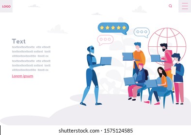 Science teacher bot. Education using artificial intelligence, Vector illustration for web banner, infographics, mobile. Group of businessmen studies data. business training with AI.