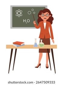 Professora de ciências conduzindo uma aula sobre reações químicas e da água. Mulher de negócios em estilo plano sobre fundo branco. Ilustração vetorial isolada. 