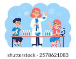 Science Teacher with Curious Kids Conducting Chemistry Experiment in Laboratory
