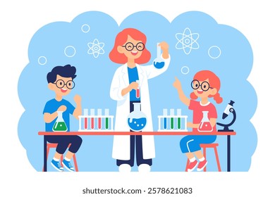 Science Teacher with Curious Kids Conducting Chemistry Experiment in Laboratory