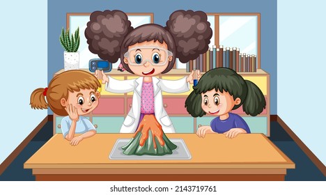 Science teacher and kids doing science experiments on volcanic eruptions  illustration