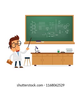 Science teacher pointing at the chalk board