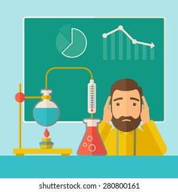 A science teacher with scared facial expression works on mixing chemicals for an experiment in the laboratory. A Contemporary style with pastel palette, soft green tinted background. Vector flat