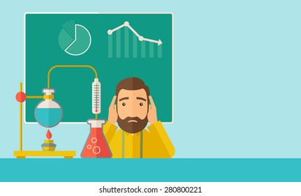 A science teacher with scared facial expression works on mixing chemicals for an experiment in the laboratory. A Contemporary style with pastel palette, soft green tinted background. Vector flat