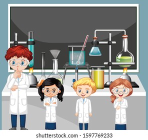 Science teacher and students in the lab illustration