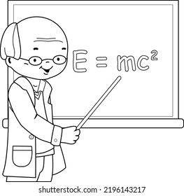 Science Teacher Teaching In The Classroom. Vector Black And White Coloring Page