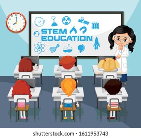 Science teacher teaching students in classroom illustration