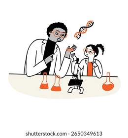 Science teachers are teaching students through science experiments. Hand drawing vector illustration.