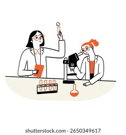 Science teachers are teaching students through science experiments. Hand drawing vector illustration.