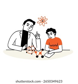 Science teachers are teaching students through science experiments. Hand drawing vector illustration. Hand drawing vector illustration.