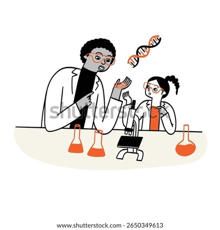Science teachers are teaching students through science experiments. Hand drawing vector illustration.