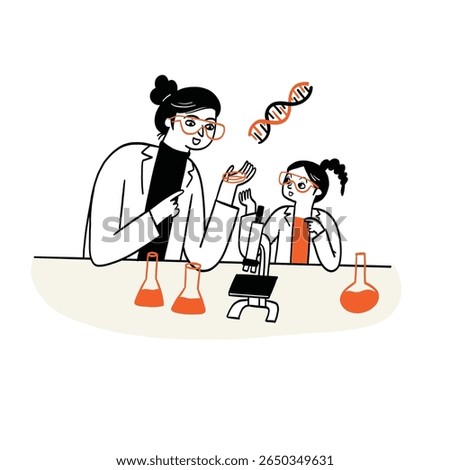 Science teachers are teaching students through science experiments. Hand drawing vector illustration.