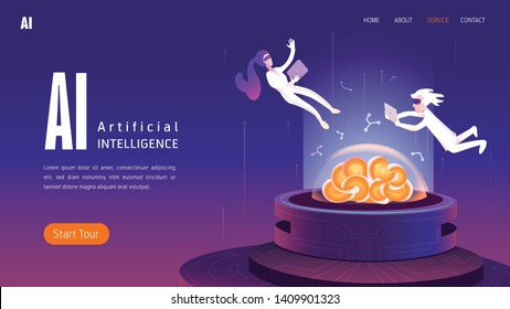 Science team working on  artificial intelligence. Deep learning, machine learning, machine intelligence. AI web page design, banners, landing page, hero image.