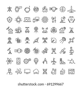 Science, technologies and satellite line icons collection. Line planet and spaceship illustration