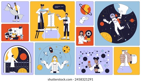 Wissenschaft Technologie Bento Grid Illustration Set. Weltraumforschung. Chemielabor 2D Vektorgrafik Bild Collage Design Grafik Kollektion. White Coat Wissenschaftler multikulturelle flache Zeichen Moodboard Layout