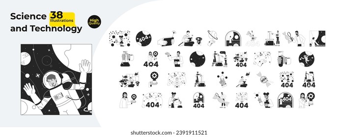 Wissenschafts- und Technologiebündel für Schwarz-Weiß-2D-Illustrationen. Forscher von White Coat verschiedene Cartoons umreißen Figuren einzeln auf Weiß. Robotics 404-Fehler-monochrome Vektorgrafik-Sammlung