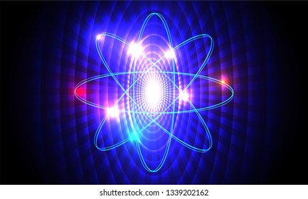 Science And Technology Concept, Atomic Sturcture With Nucleus On Blue Abstract Background.