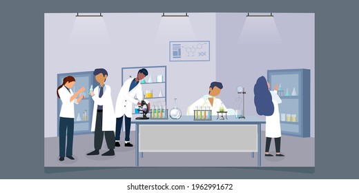 Science and technology concept.  Doctor, scientist and science technician doing research and analysis in medical science laboratory. Vector flat style cartoon illustration.
