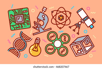 Science Technology Concept Line Art Bright Colors Illustration. Contemporary Trendy Vector Icons.