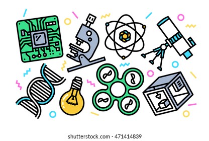 Science Technology Concept Line Art Illustration. Contemporary Trendy Vector Icons.