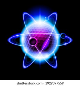 Wissenschafts- und Technologiekonzept, leuchtende Atomstruktur mit Nucleus - ein symbolisches Bild von Elementarteilchen auf schwarzem Hintergrund