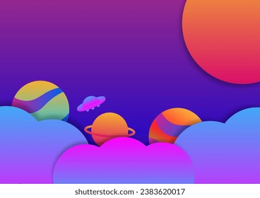 Science and technology concept. Space with a planet and UFO on purple and blue background. 