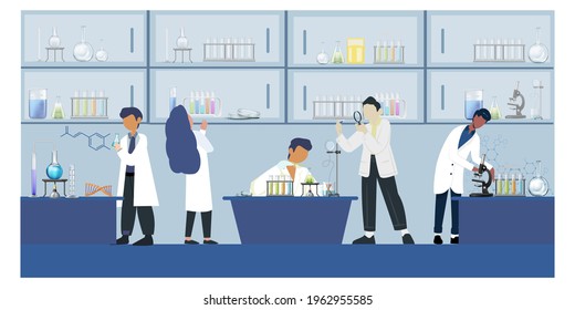 Science and technology concept. Vector illustration of scientists four men and woman working at science lab. Scientific research concept. Laboratory interior, equipment and lab glassware. 