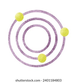 Science and technology concept. Yellow atomic neutron with purple circle isolated on white background. Orbit spin and proton core. Water colour vector illustration.

