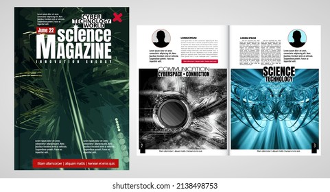 Revista de portada de ciencia y tecnología. Ilustración de diseño fondo moderno.