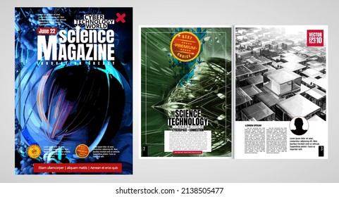 Revista de portada de ciencia y tecnología. Ilustración de diseño fondo moderno.