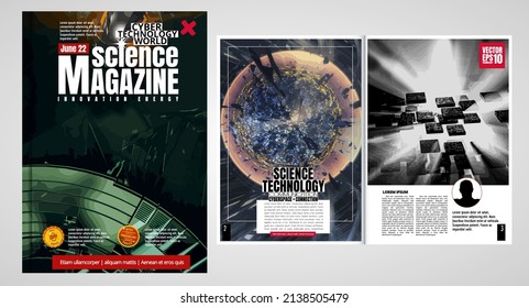 Revista de portada de ciencia y tecnología. Ilustración de diseño fondo moderno.