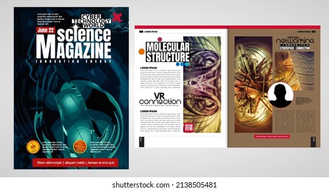 Revista de portada de ciencia y tecnología. Ilustración de diseño fondo moderno.