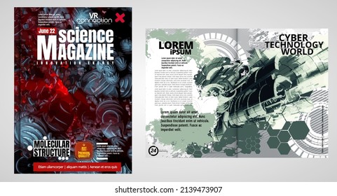 Science and technology cover magazine. Layout illustration modern background. 