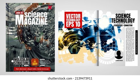 Revista de portada de ciencia y tecnología. Ilustración de diseño fondo moderno. 