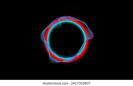 Science, technology, and digital communication concepts. Ciccle of flowing lines and dot green and blue wave patterns with red light on a black background.