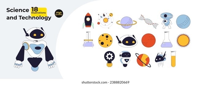 Science technology engineering 2D linear cartoon objects bundle. Rocket, spheres planets, lab equipment isolated line vector elements white background. Robots color flat spot illustration collection