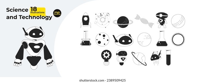 Science technology engineering black and white 2D line cartoon objects bundle. Rocket, spheres planets, lab equipment isolated vector outline items. Monochromatic flat spot illustration collection