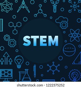Science, technology, engineering and math blue outline square frame. Vector STEM concept illustration in thin line style on dark background