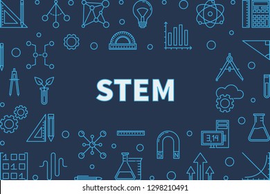 Science, technology, engineering and math blue creative horizontal frame. Vector STEM concept outline illustration