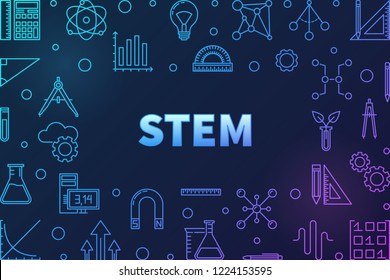 Science, technology, engineering and math colored horizontal frame - vector STEM concept outline illustration on dark background