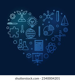 El corazón de la ciencia, la tecnología, la ingeniería y la educación matemática moldeó el perfil mínimo de la bandera azul - ilustración del concepto STEM con fondo oscuro