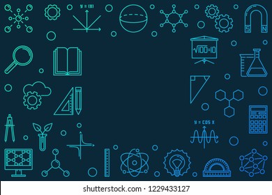 Science, Technology, Engineering and Mathematics colored horizontal frame. Vector STEM concept outline illustration on dark background