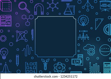 Science, Technology, Engineering and Mathematics creative horizontal frame. Vector STEM colored outline illustration style on dark background