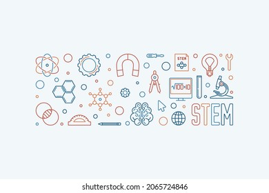 Ciencia, Tecnología, Ingeniería y Matemáticas - Anuncio o ilustración horizontal vector STEM en línea delgada 