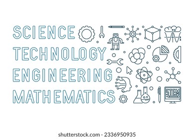 Science, Technology, Engineering, Mathematics - STEM concept outline blue horizontal illustration or banner 