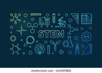 Science, Technology, Engineering and Mathematics vector concept linear colored horizontal illustration on dark background