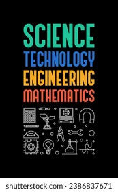 Science, Technology, Engineering and Maths banner. STEM vector outline vertical concept dark illustration