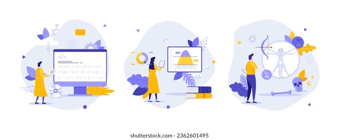  Science and technology flat concept vector illustrations set. Analyzing data with digital technology cartoon composition. Testing cognitive hypothesis idea for website, mobile, presentation
